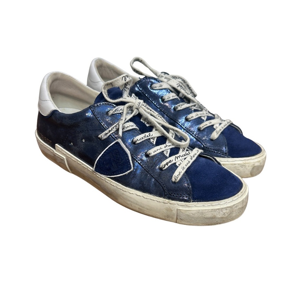 Philippe Model Paris Low Top Sneakers EU 37 Blue Metallic Suede PM/78 EDT $410‎